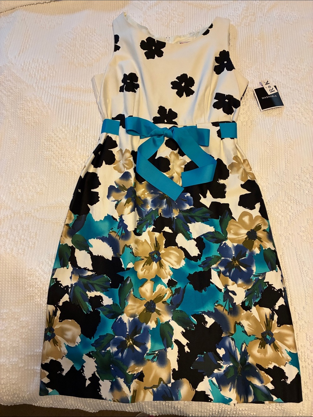 R&K Cream Floral Midi Dress with Teal and Black Accents